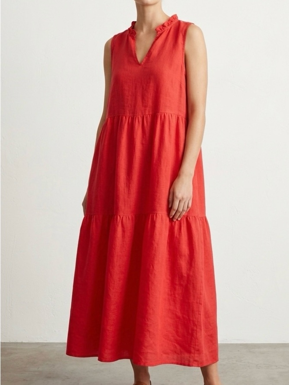 Le Ragazze Italy Red Linen Tiered Ruffle Dress Size L Coastal Resortwear Boho